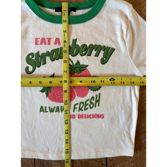 Forever 21 “Eat a Strawberry” Baby Tee | Women’s Small Green Ringer Crop Top - Picture 5 of 6